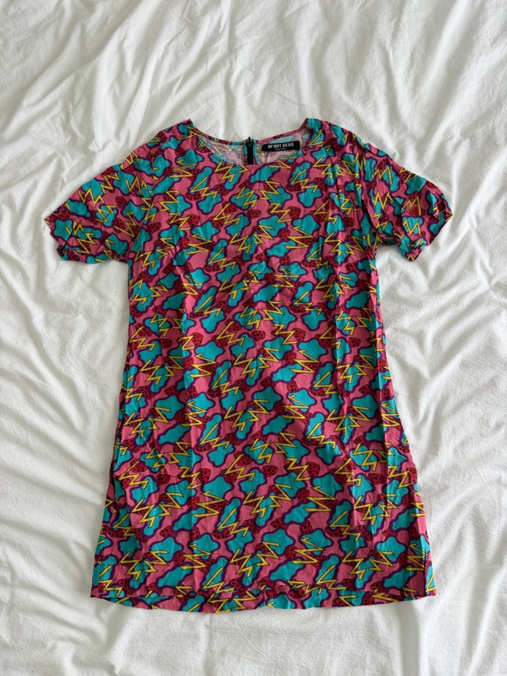 AY Not Dead Colorful Graphic Shift Dress Pink, Teal, Yellow Size 2
